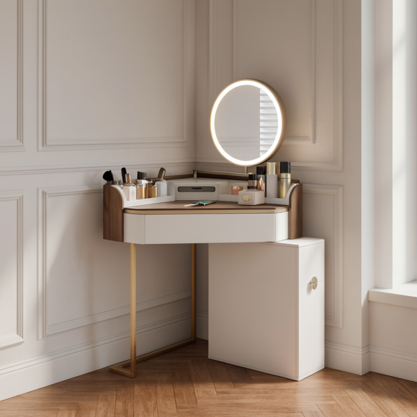 طاولة تزيين زاوية بتخزين جانبي رابور - ابيض وبني