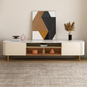 طاولة تلفزيون رونار خشبية و أرجل ستيل و سطح رخام أبيض - 200x53x40 سم