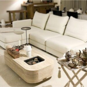 طاولة قهوة رخام ترافنتينو مع موقد - بيج