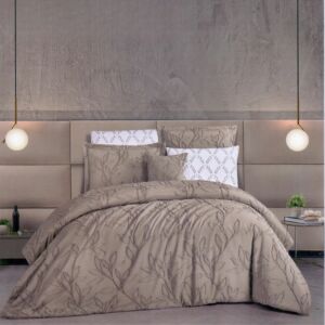 طقم لحاف كوين سادة مطرز ستريم لايف 5 قطع جانيت - بني