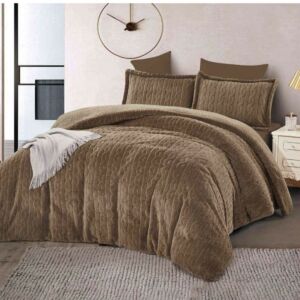 طقم لحاف كوين جاكار فرو سادة 4 قطع - بني