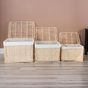 طقم سلال تخزين وتنظيم راتان 3 قطع مستطيلة بغطاء بيتا - بيج