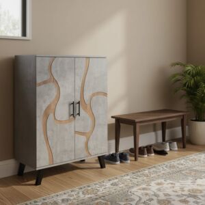 خزانة احذية بابين خشب ماليزي - رمادي فاتح وخشبي