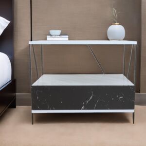 طاولة جانبية رفين ودرج - أبيض وأسود