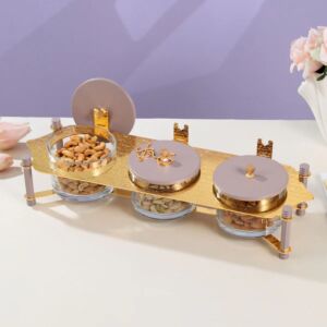 طقم تقديم مكسرات 3 قطع مع صينية من جوار - بنفسجي وذهبي