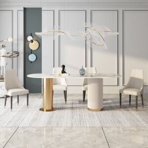 طاولة طعام رخام انجلز لستة أشخاص - ابيض وذهبي بدون كراسي