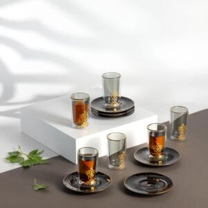 طقم كاسات شاي 12 قطعة من نقش - اسود وذهبي