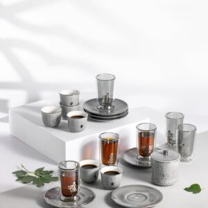 طقم كاسات شاي وفنجان قهوة سعودية من نقش - رمادي وفضي