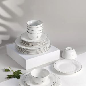 طقم مائدة 18 قطعة من نقش - ابيض وفضي