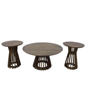 طقم طاولة قهوة وطاولات جانبية خشب هندي طبيعي 3 قطع - بني