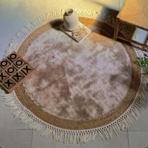 مفرش أرضي بوهيمي خوص وفرو صناعي - 100 سم