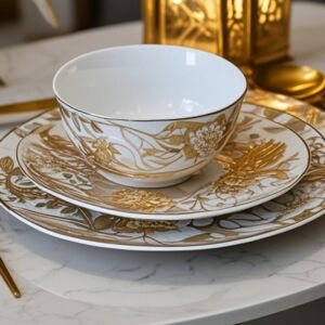 طقم صحون عشاء رويال 12 قطعة - ذهبي وأبيض