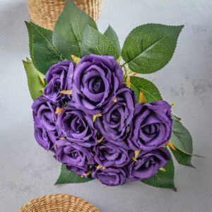 باقة ورد صناعي تيتيا - موف واخضر - 12 قطعة