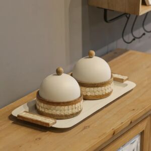 طقم علبتين خشب دائري وصحن بيج