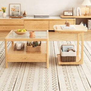 طاولة قهوة خشب بتخزين عملي - قطعتين